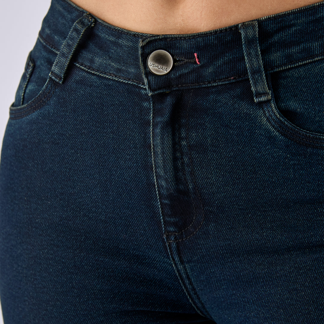 REF: 552640 Jean straight boot licrado tiro medio en denim azul oscuro