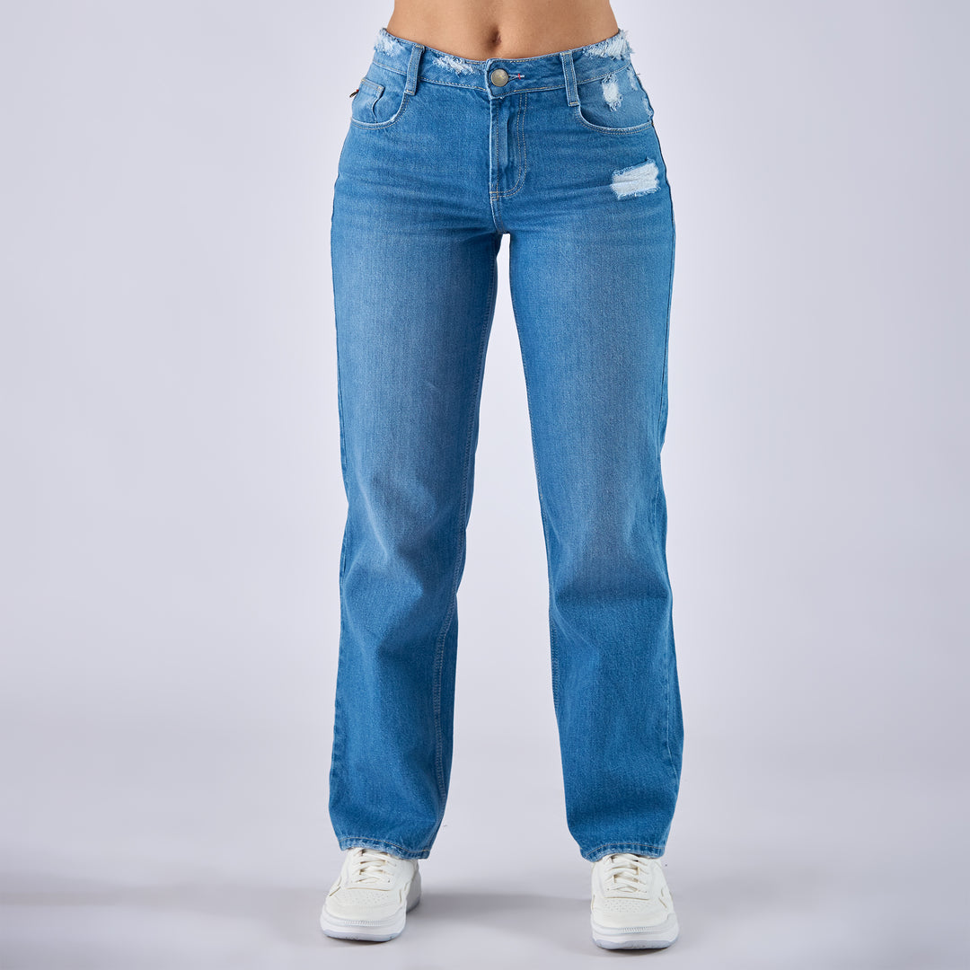 REF: 552749 Jean straight boot rígido tiro medio en denim, color azul medio