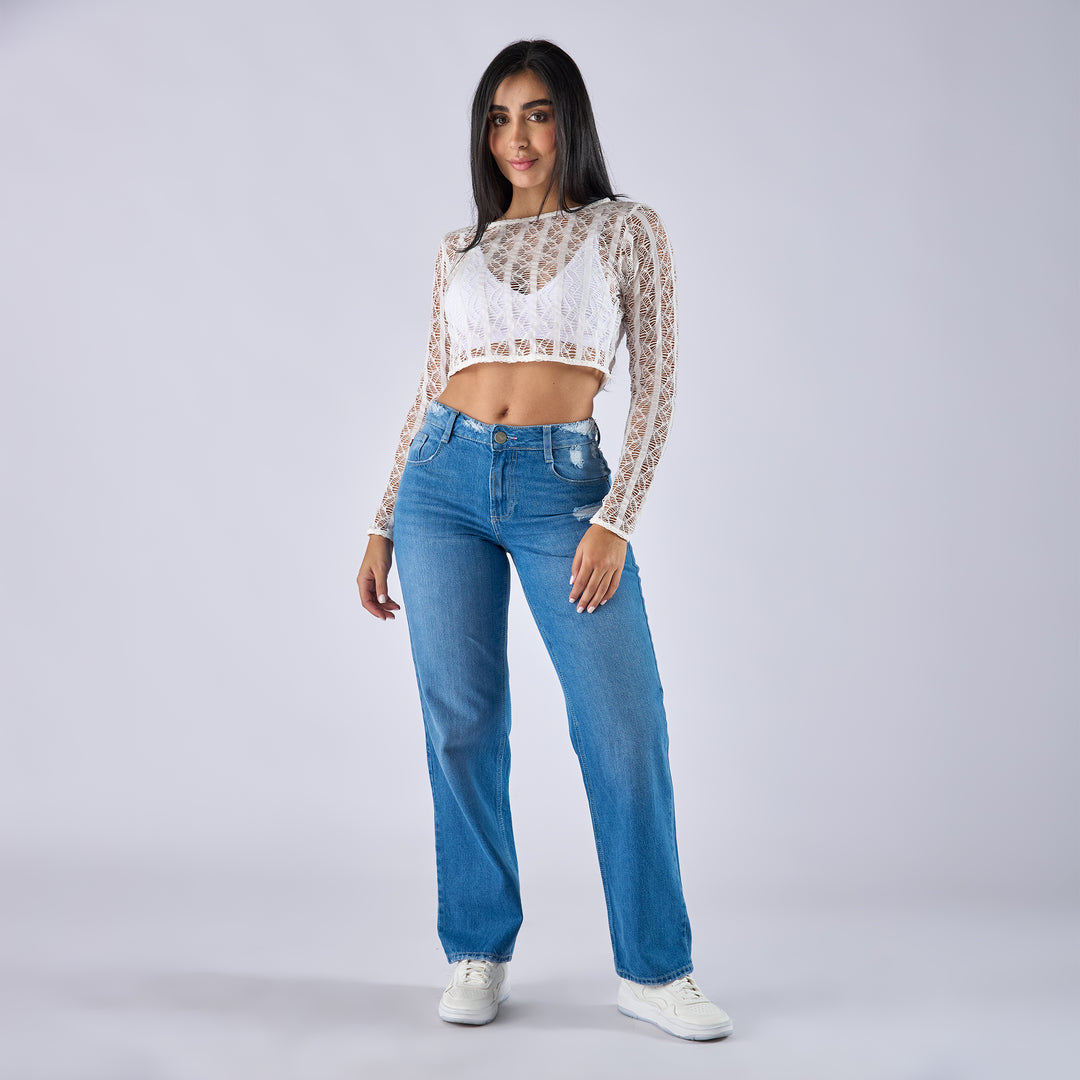 REF: 552749 Jean straight boot rígido tiro medio en denim, color azul medio