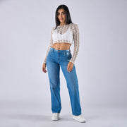 REF: 552749 Jean straight boot rígido tiro medio en denim, color azul medio