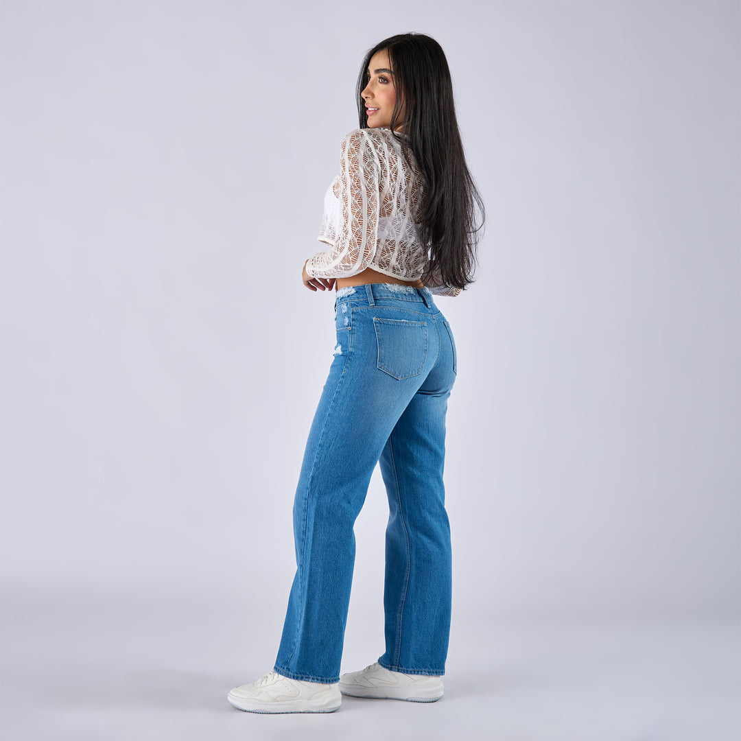 REF: 552749 Jean straight boot rígido tiro medio en denim, color azul medio