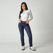 REF: 552690 Jean straight boot tiro medio en denim licrado, color azul raw