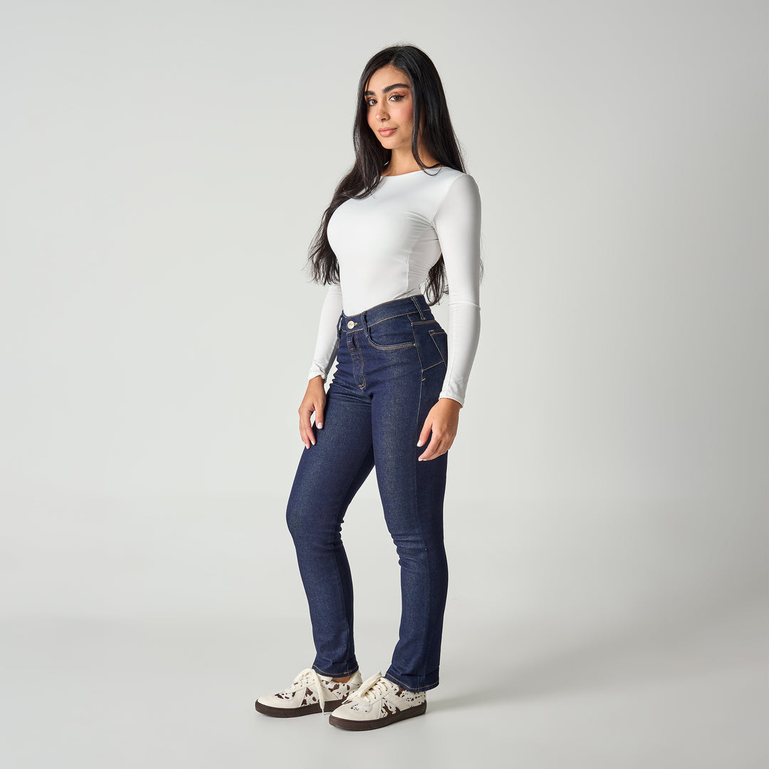 REF: 552690 Jean straight boot tiro medio en denim licrado, color azul raw