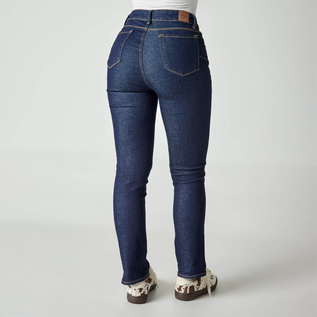 REF: 552690 Jean straight boot tiro medio en denim licrado, color azul raw