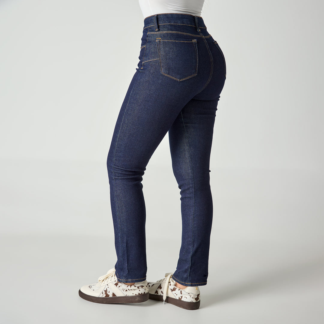 REF: 552690 Jean straight boot tiro medio en denim licrado, color azul raw