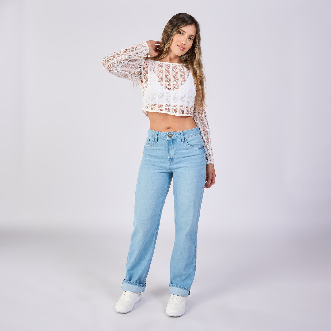 REF: 552697 Jean straight rígido tiro medio 100% algodón, color baby blue