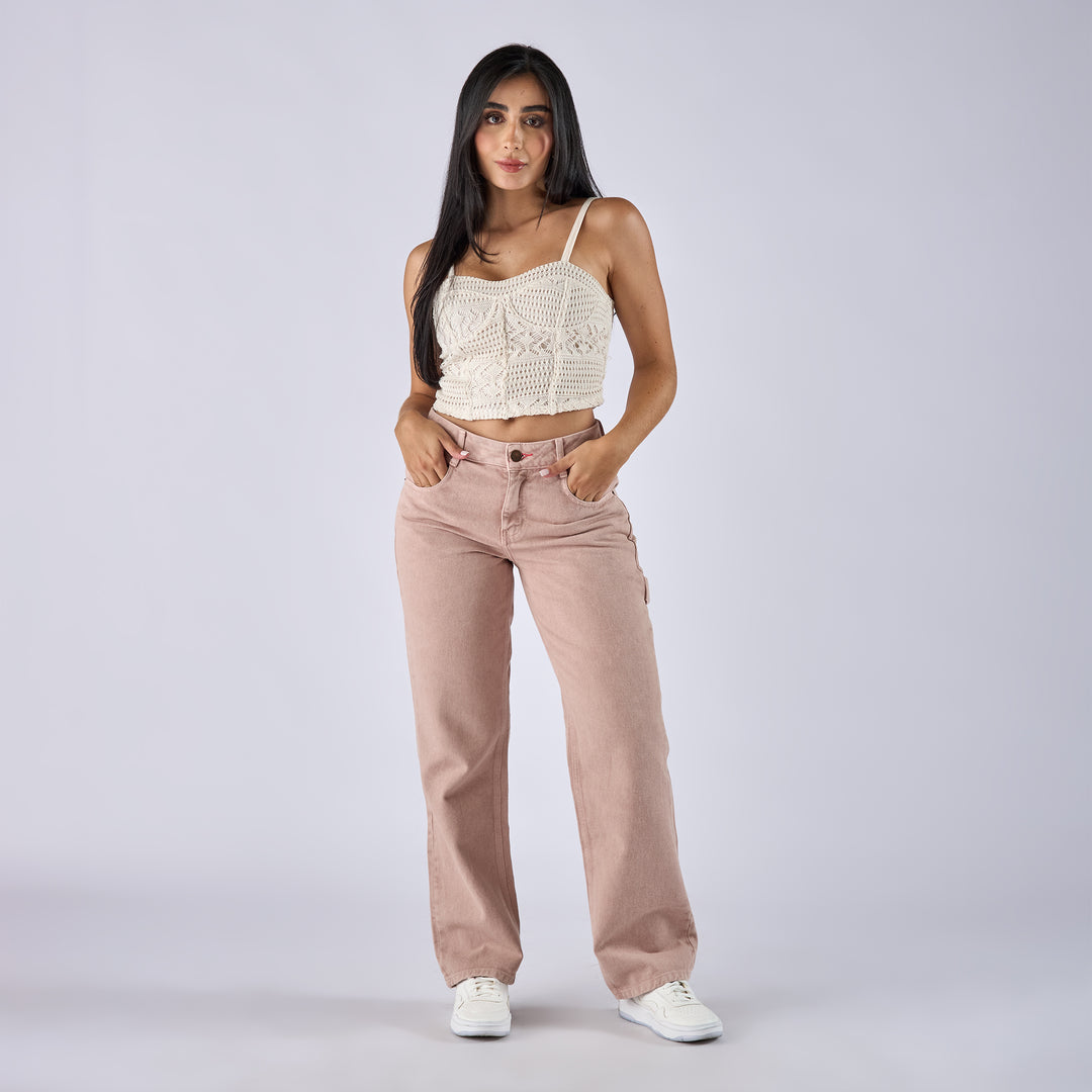 REF: 552752 Jean straight rígido tiro medio en denim, color café claro