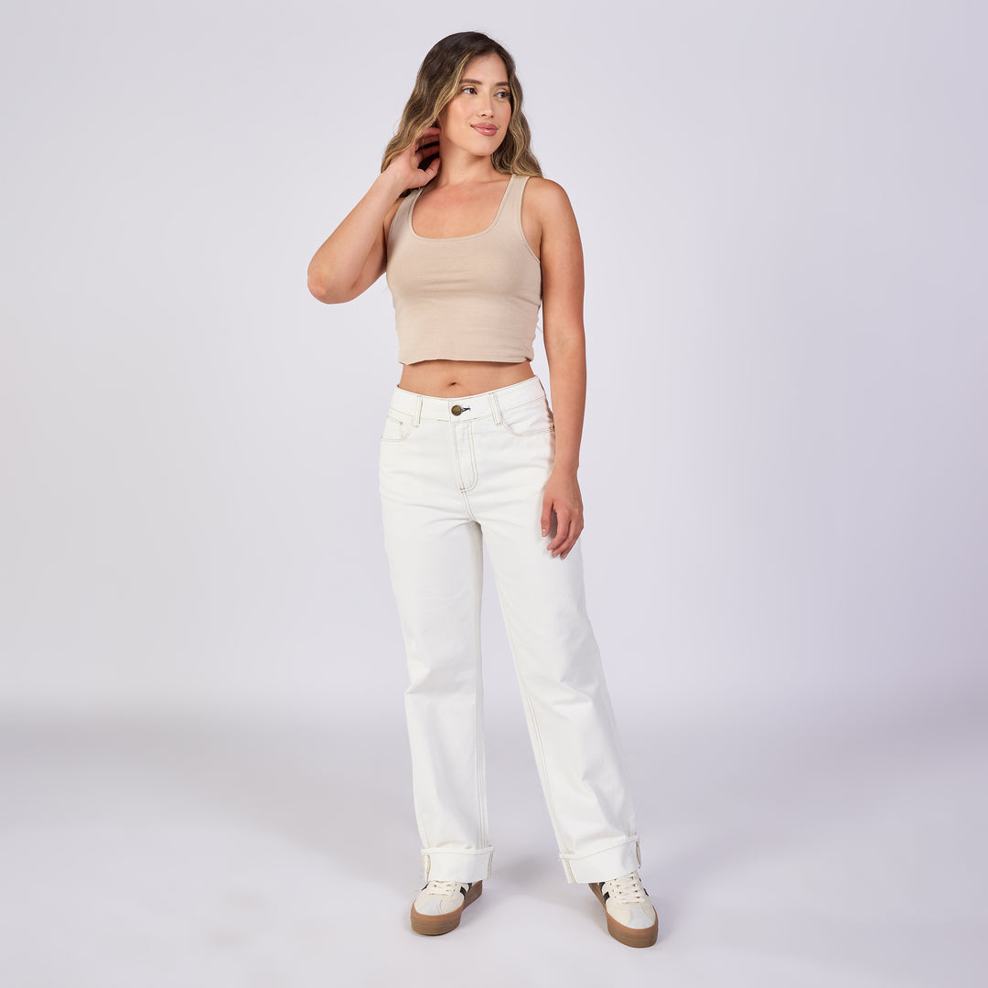 REF: 552698 Jean straight rígido tiro medio 100% algodón, color ivory