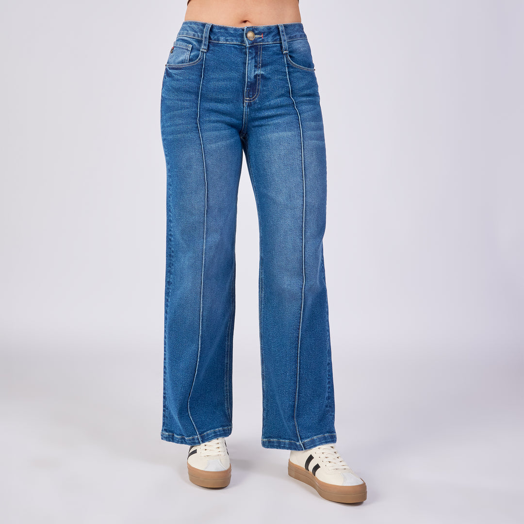 Ref: 552705 Jean wide leg licrado tiro medio, color azul medio 100% algodón