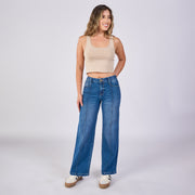 Ref: 552705 Jean wide leg licrado tiro medio, color azul medio 100% algodón
