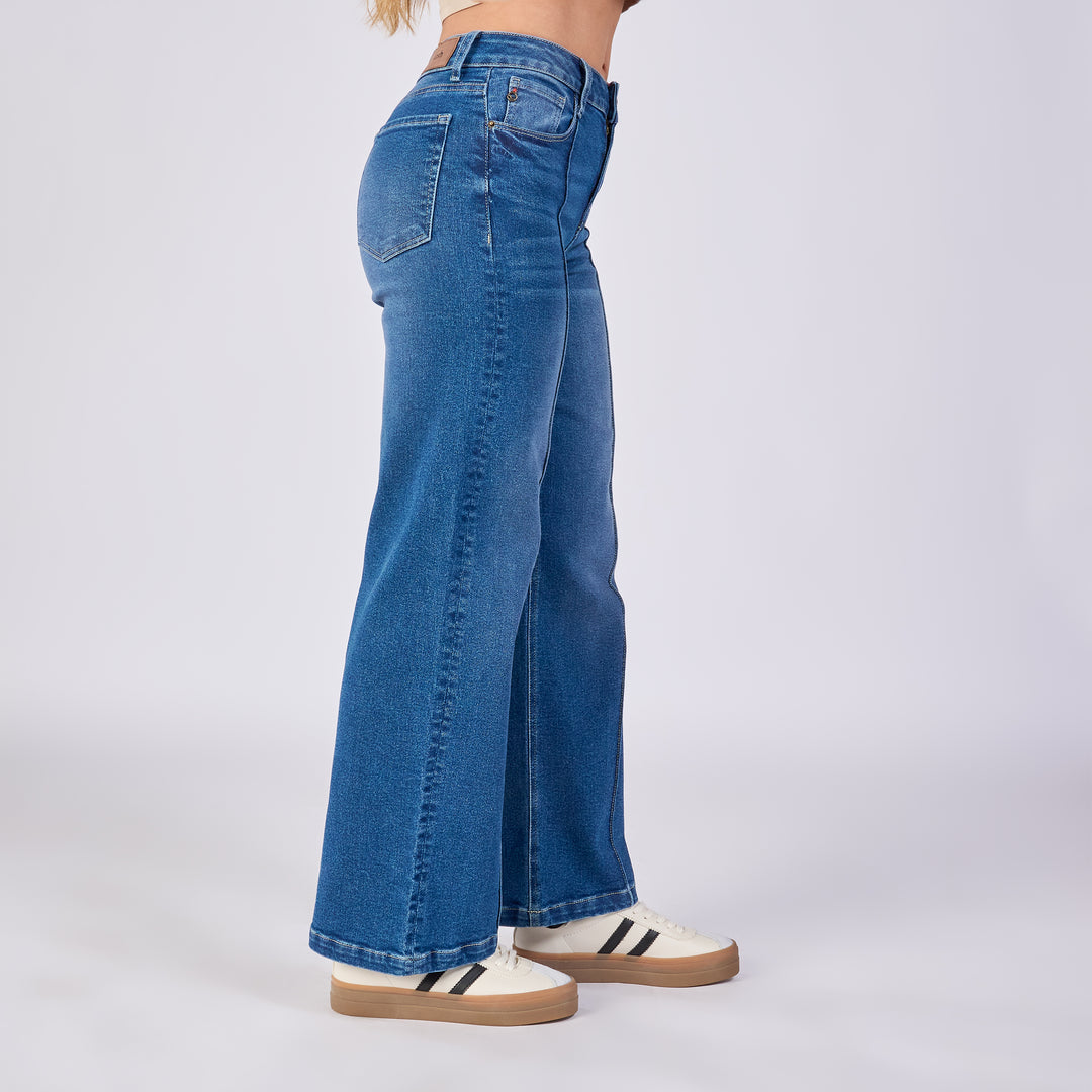 Ref: 552705 Jean wide leg licrado tiro medio, color azul medio 100% algodón