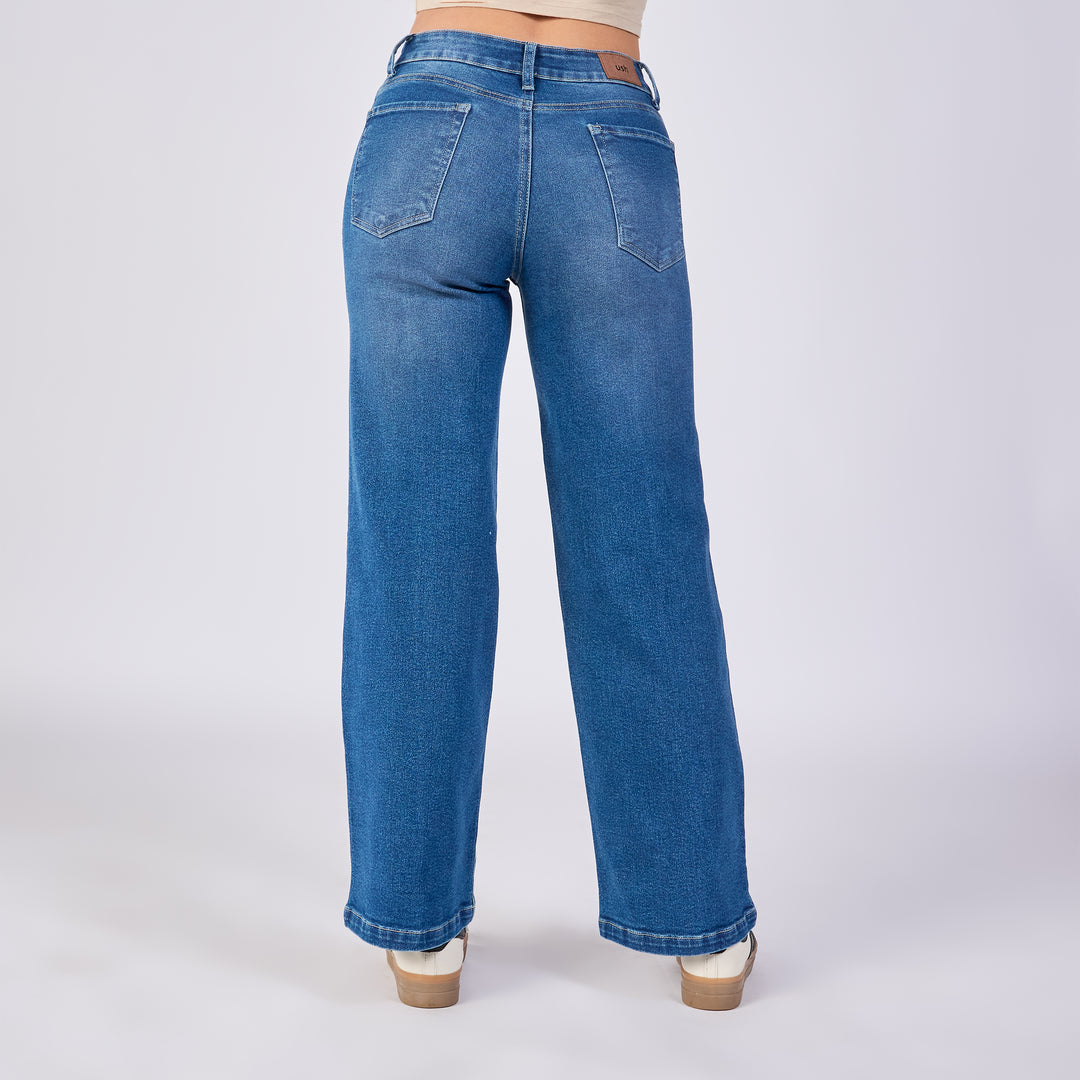 Ref: 552705 Jean wide leg licrado tiro medio, color azul medio 100% algodón
