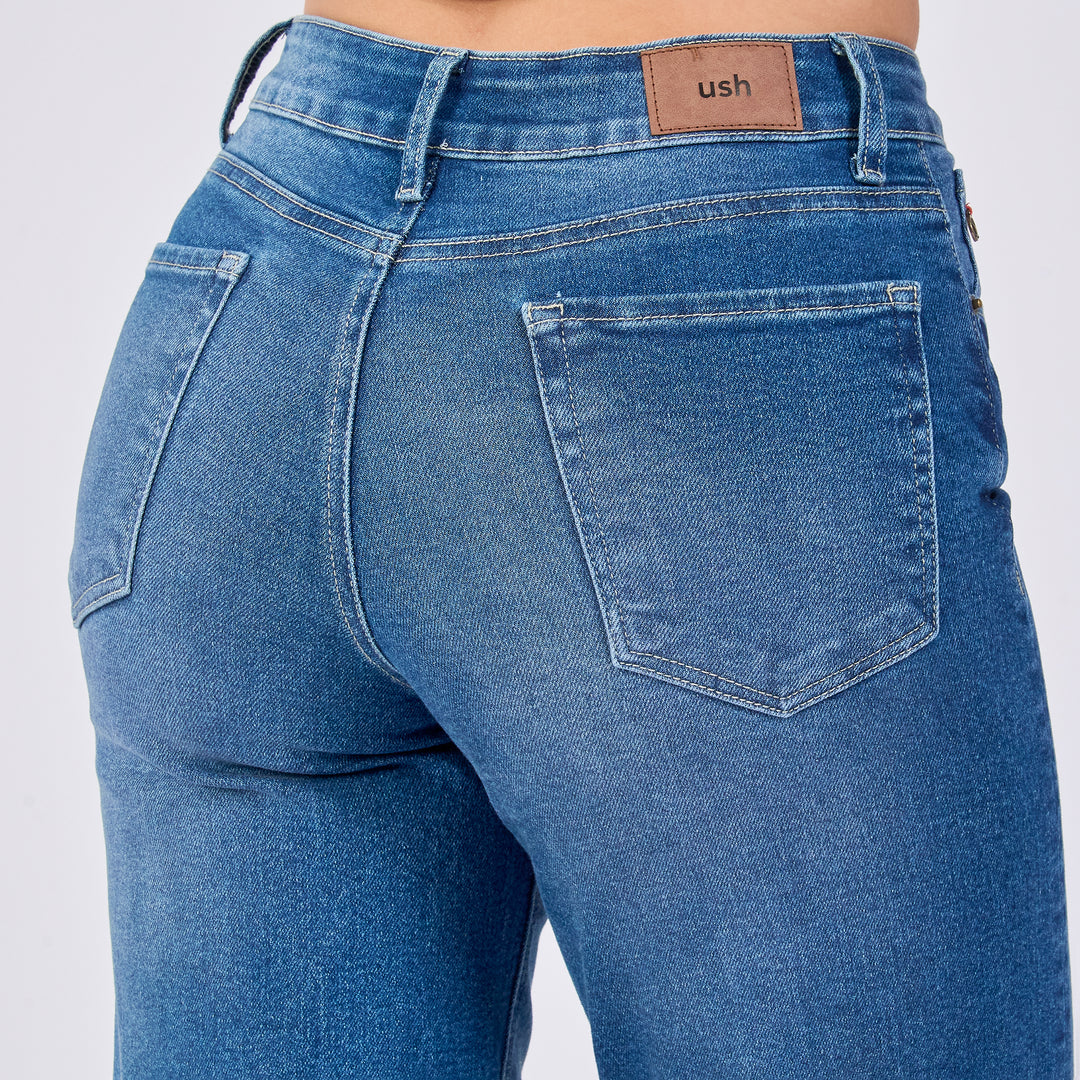 Ref: 552705 Jean wide leg licrado tiro medio, color azul medio 100% algodón