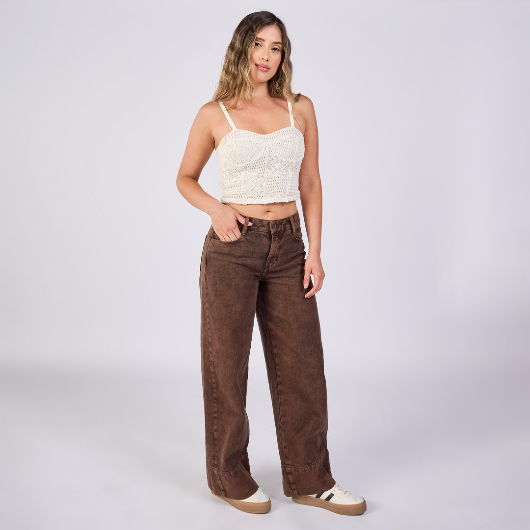 Ref: 552704 Jean wide leg rígido tiro medio, color mocca 100% algodón