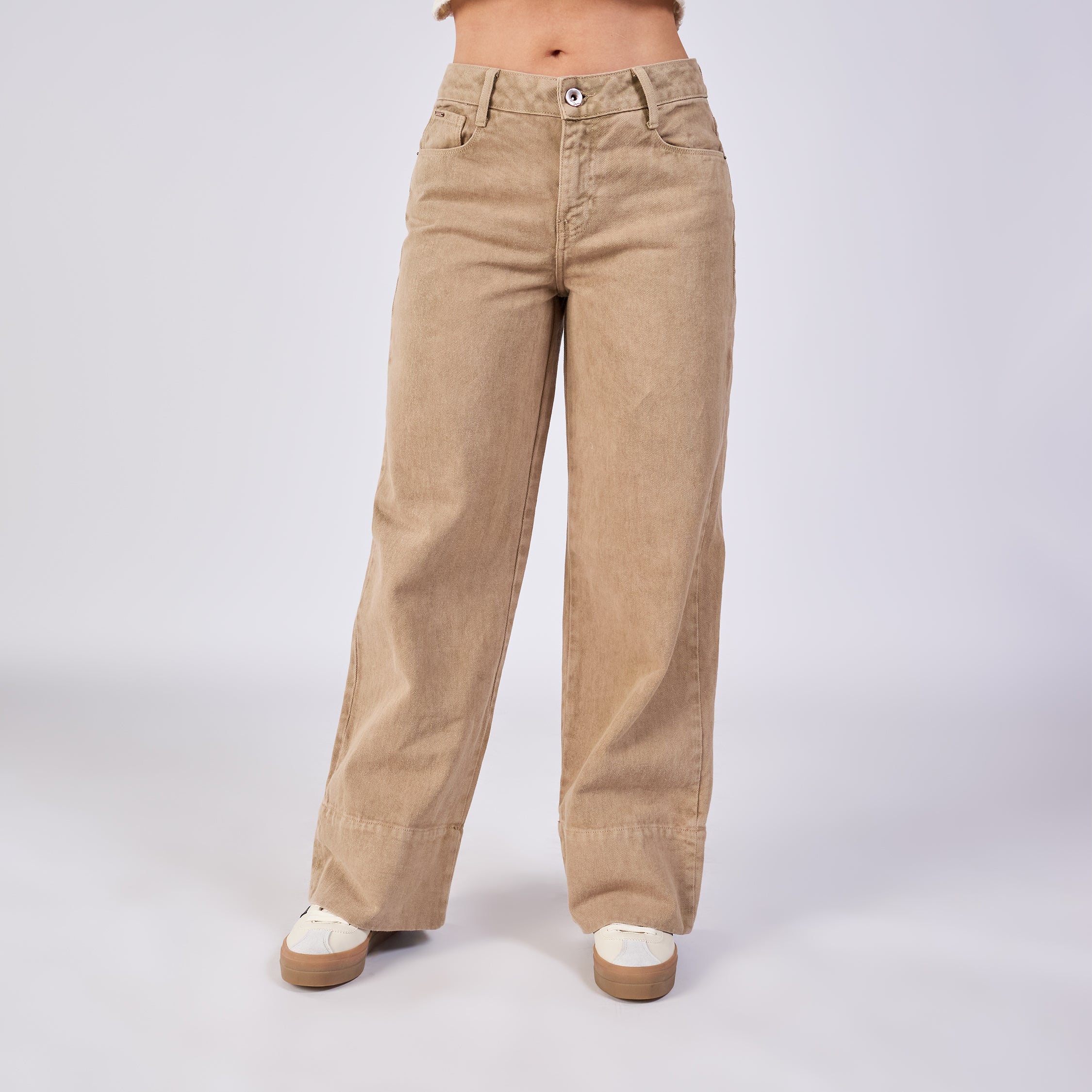 Ref: 552704 Jean wide leg rígido tiro medio en denim, color kaki