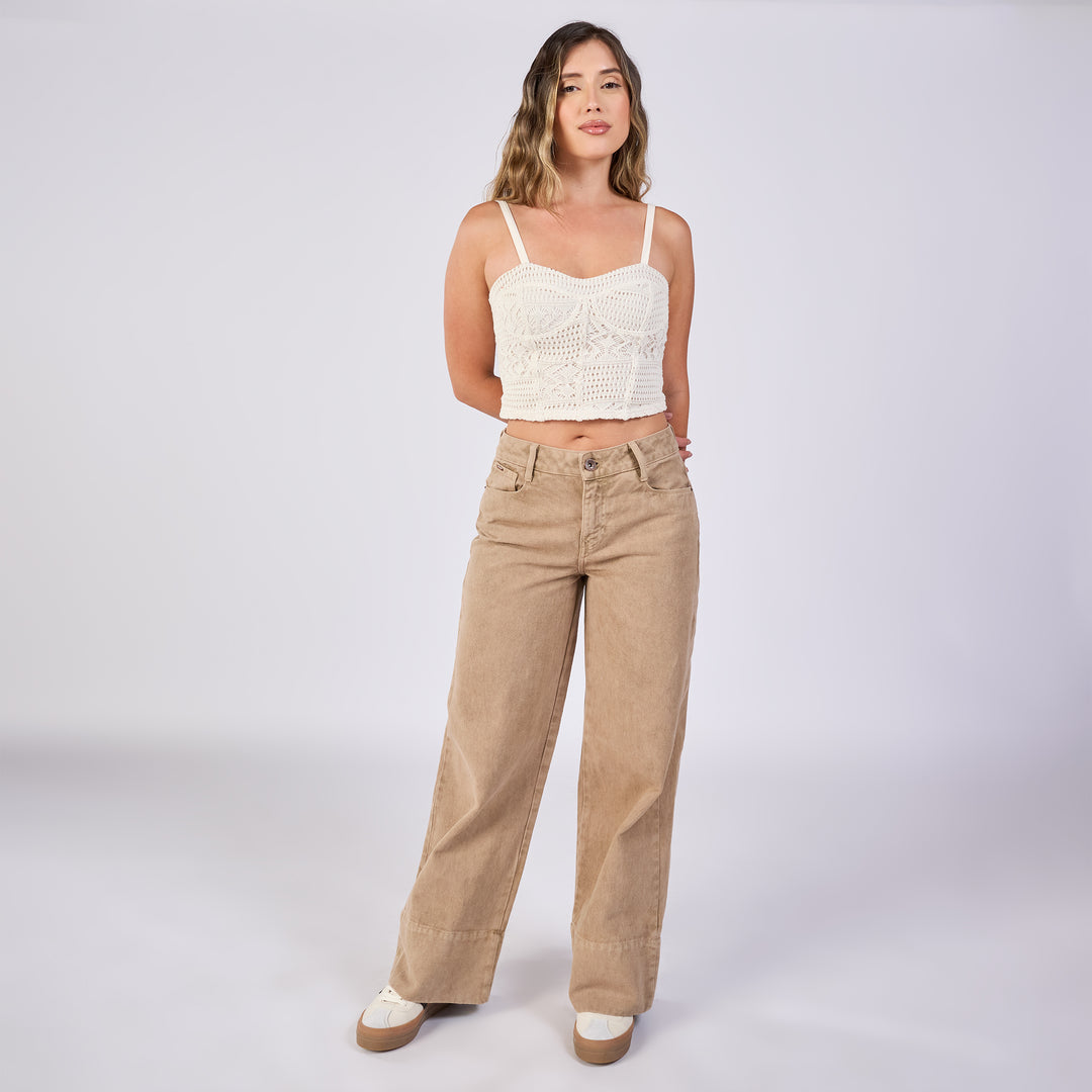 Ref: 552704 Jean wide leg rígido tiro medio en denim, color kaki