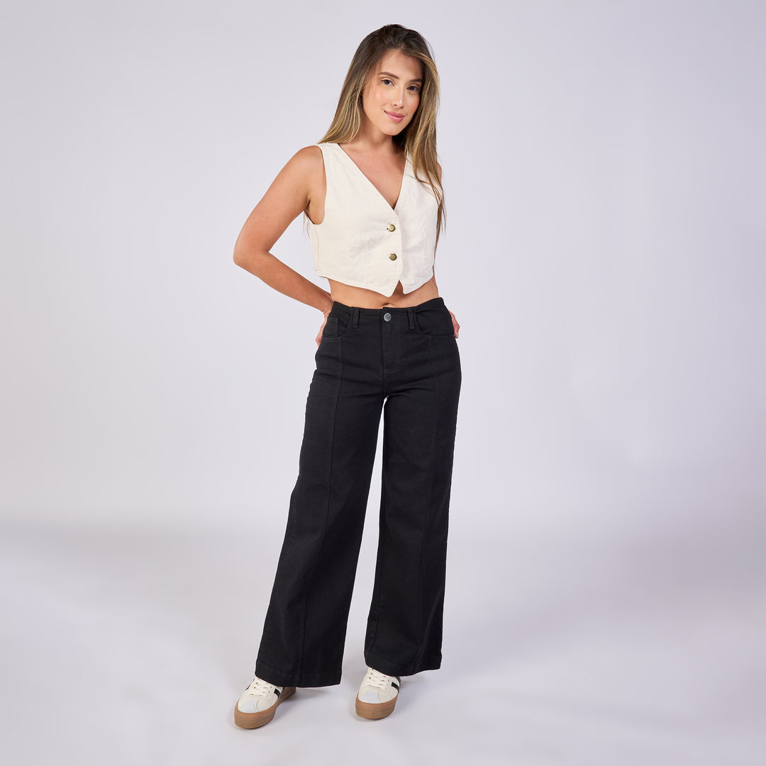 Ref: 552669 Jean wide leg tiro medio licrado, color negro