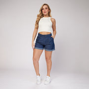 Ref: 556115 Short tiro alto tipo baggy en chambray rígido azul oscuro