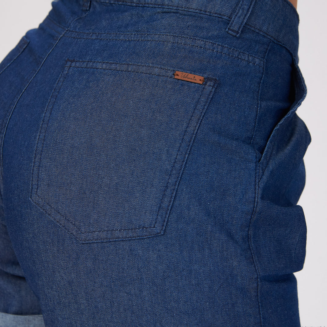 Ref: 556115 Short tiro alto tipo baggy en chambray rígido azul oscuro