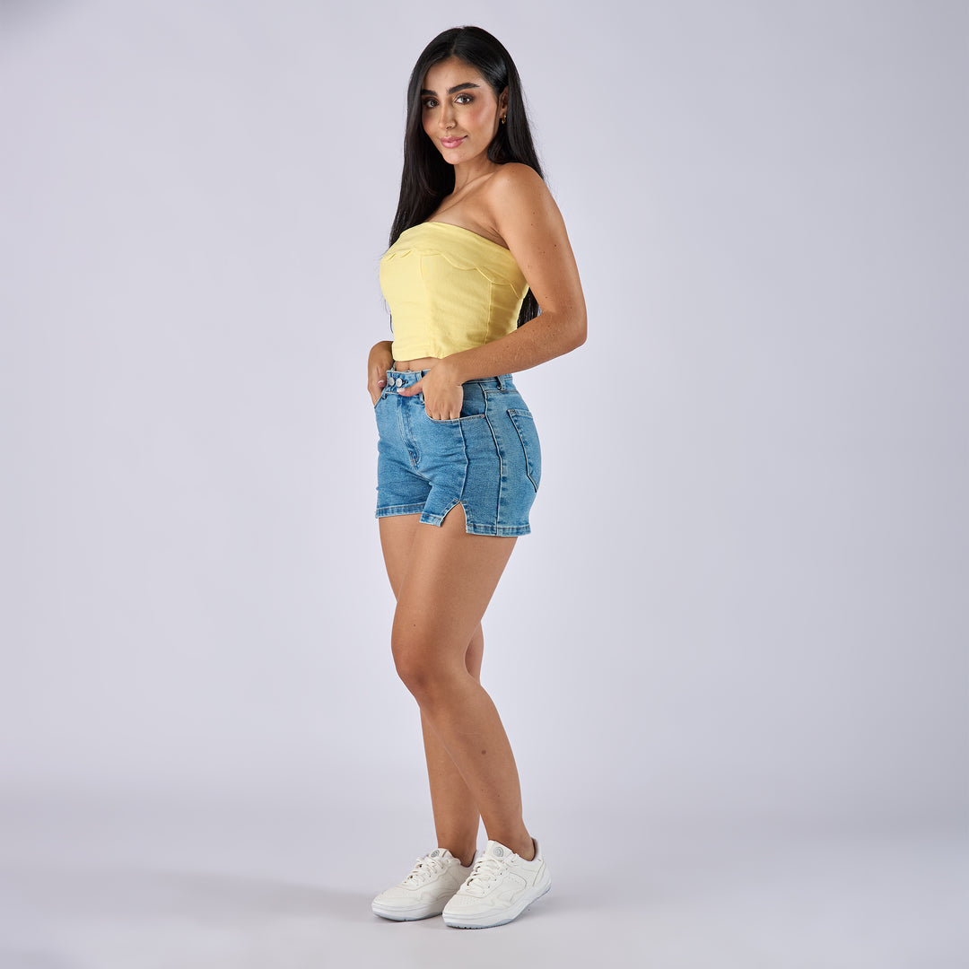 REF: 556262 Short corto tiro alto en denim licrado, color azul medio