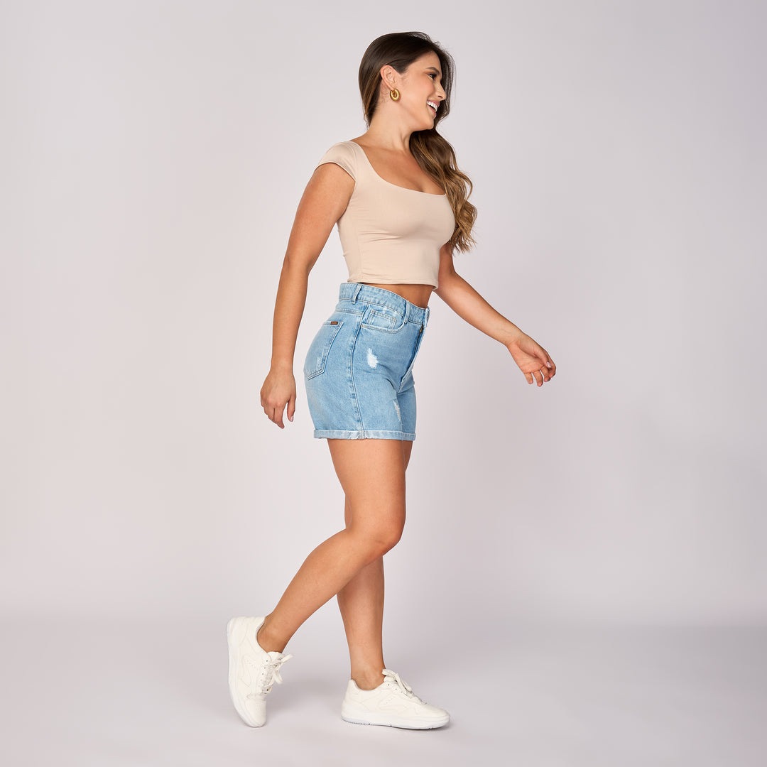 Ref: 556217 Short largo en denim índigo rígido, color azul claro