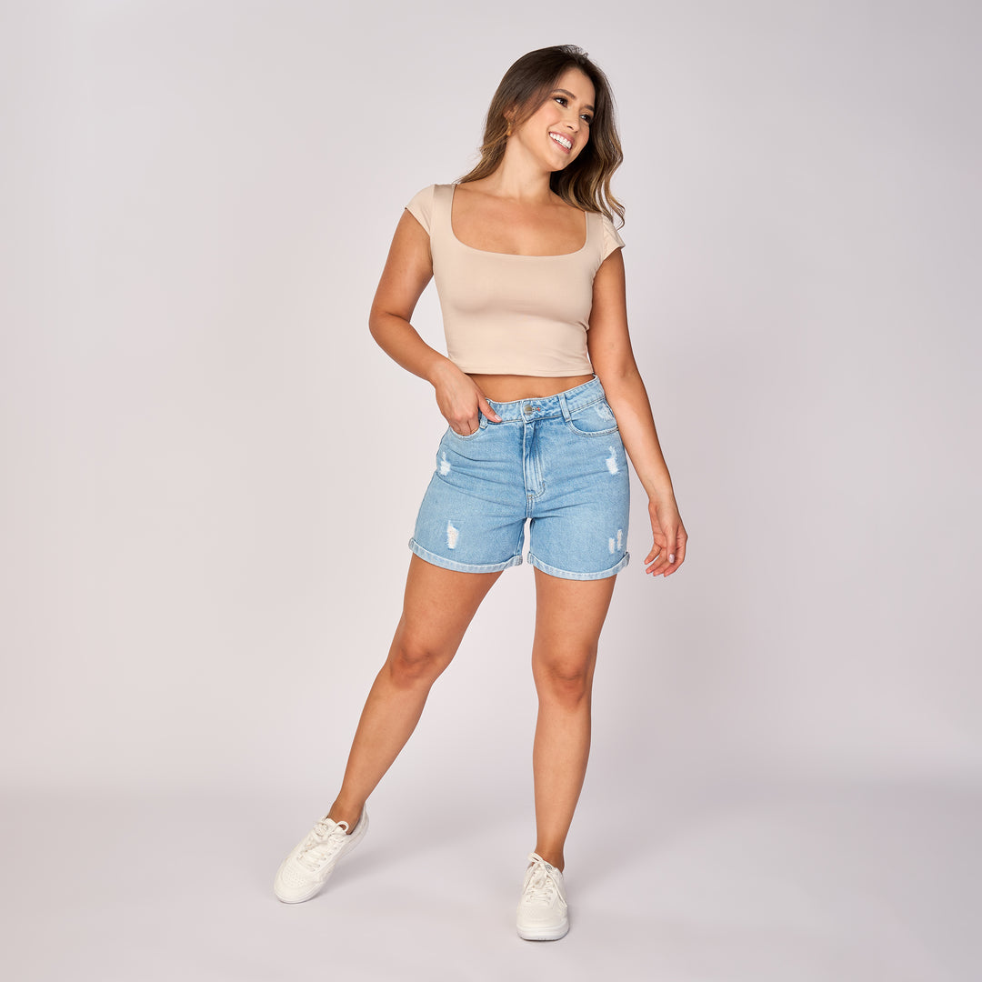 Ref: 556217 Short largo en denim índigo rígido, color azul claro