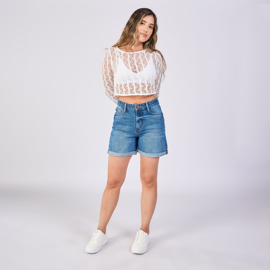 REF: 556247 Short largo rígido en denim azul medio