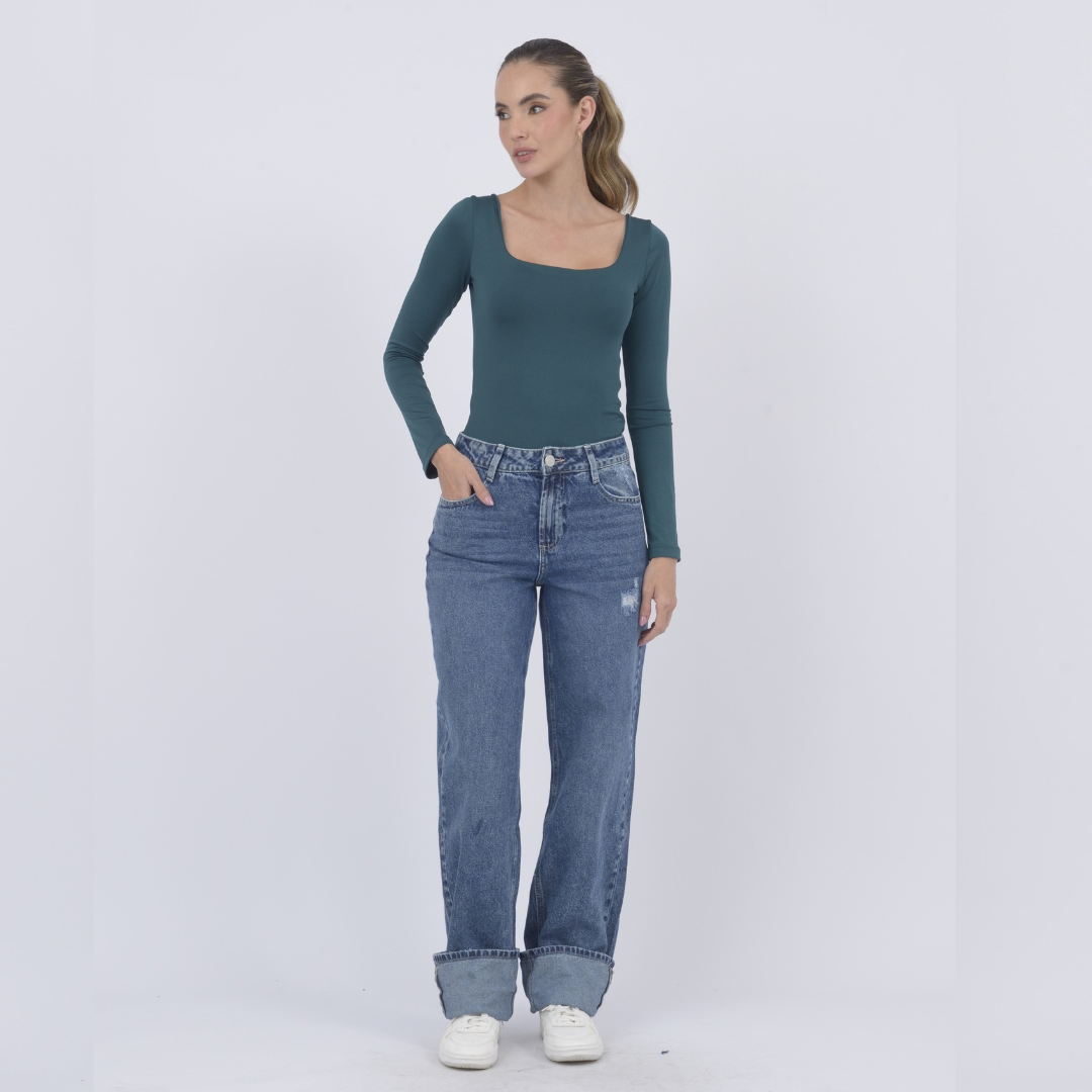 Ref: 552861 Jean dama straight tiro alto rígido, color Azul claro