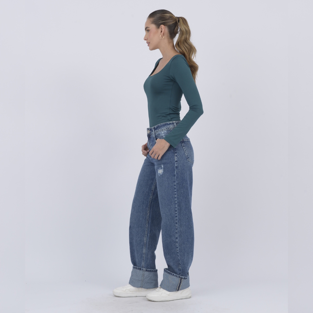 Ref: 552861 Jean dama straight tiro alto rígido, color Azul claro