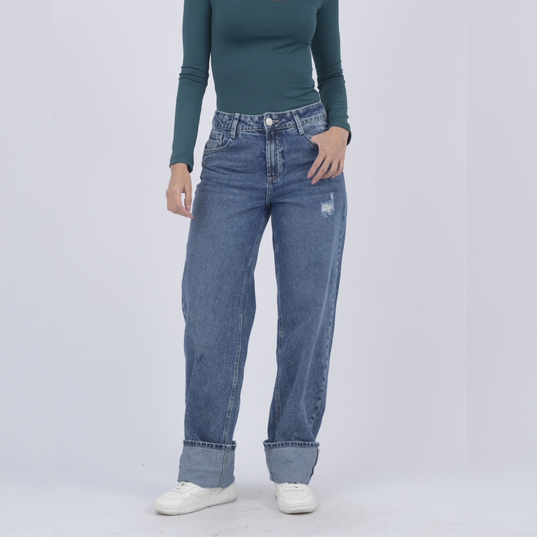 Ref: 552861 Jean dama straight tiro alto rígido, color Azul claro
