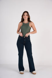 Ref: 552784 Jean dama flare tiro medio licrado, color Azul oscuro