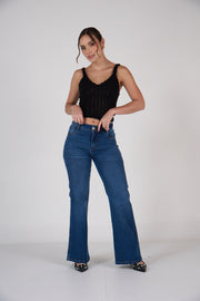 Ref: 552839 Jean dama flare tiro medio licrado, color Azul oscuro