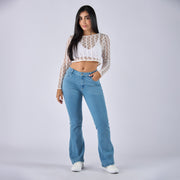 Ref: 552716 Jean dama flare tiro medio licrado, color azul claro